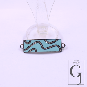 Designer Enamel Connector With Pave Diamonds - 925 Sterling Silver Handmade Finish For Jewelry Supplies