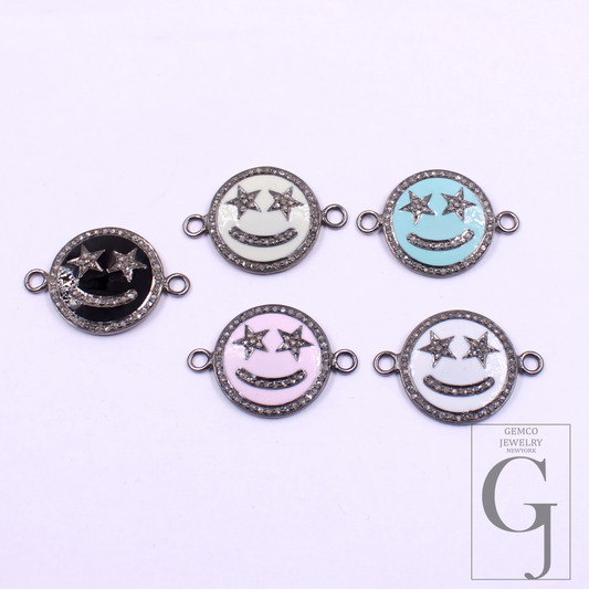 Beautiful Enamel Smiley Connector With Rosecut Pave Diamonds - 925 Sterling Silver Handmade Enamel Jewelry