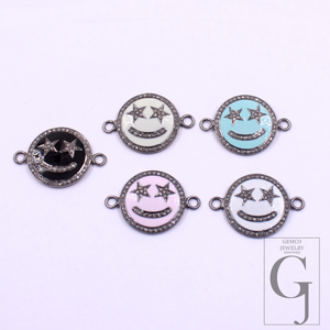 Beautiful Enamel Smiley Connector With Rosecut Pave Diamonds - 925 Sterling Silver Handmade Enamel Jewelry