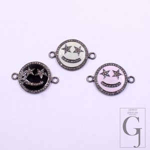 Beautiful Enamel Smiley Connector With Rosecut Pave Diamonds - 925 Sterling Silver Handmade Enamel Jewelry