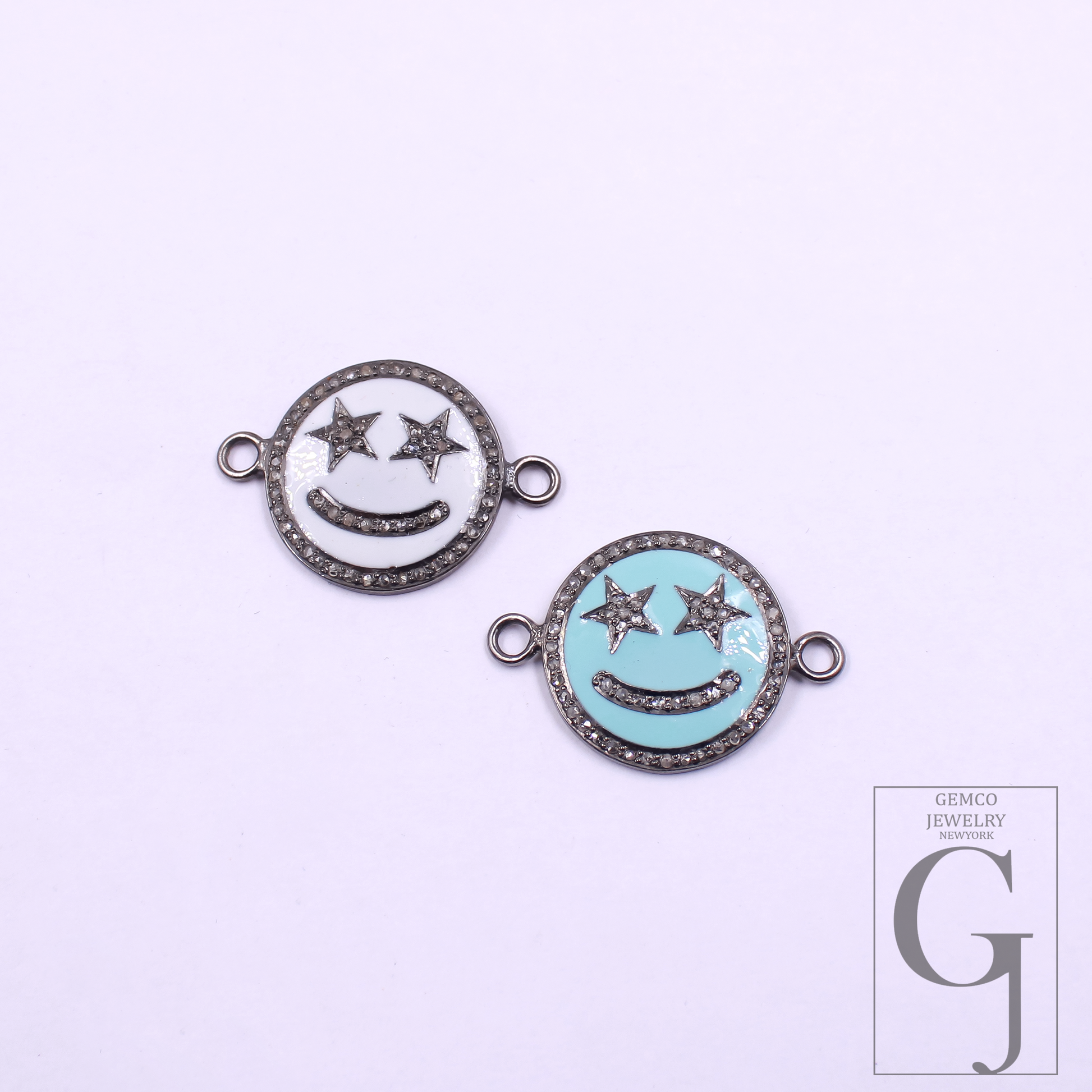 Beautiful Enamel Smiley Connector With Rosecut Pave Diamonds - 925 Sterling Silver Handmade Enamel Jewelry