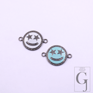 Beautiful Enamel Smiley Connector With Rosecut Pave Diamonds - 925 Sterling Silver Handmade Enamel Jewelry