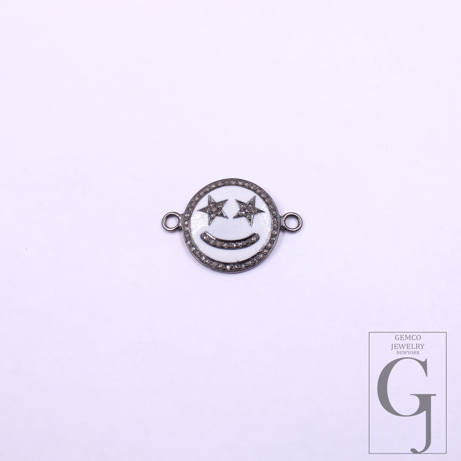 Beautiful Enamel Smiley Connector With Rosecut Pave Diamonds - 925 Sterling Silver Handmade Enamel Jewelry