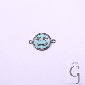 Beautiful Enamel Smiley Connector With Rosecut Pave Diamonds - 925 Sterling Silver Handmade Enamel Jewelry