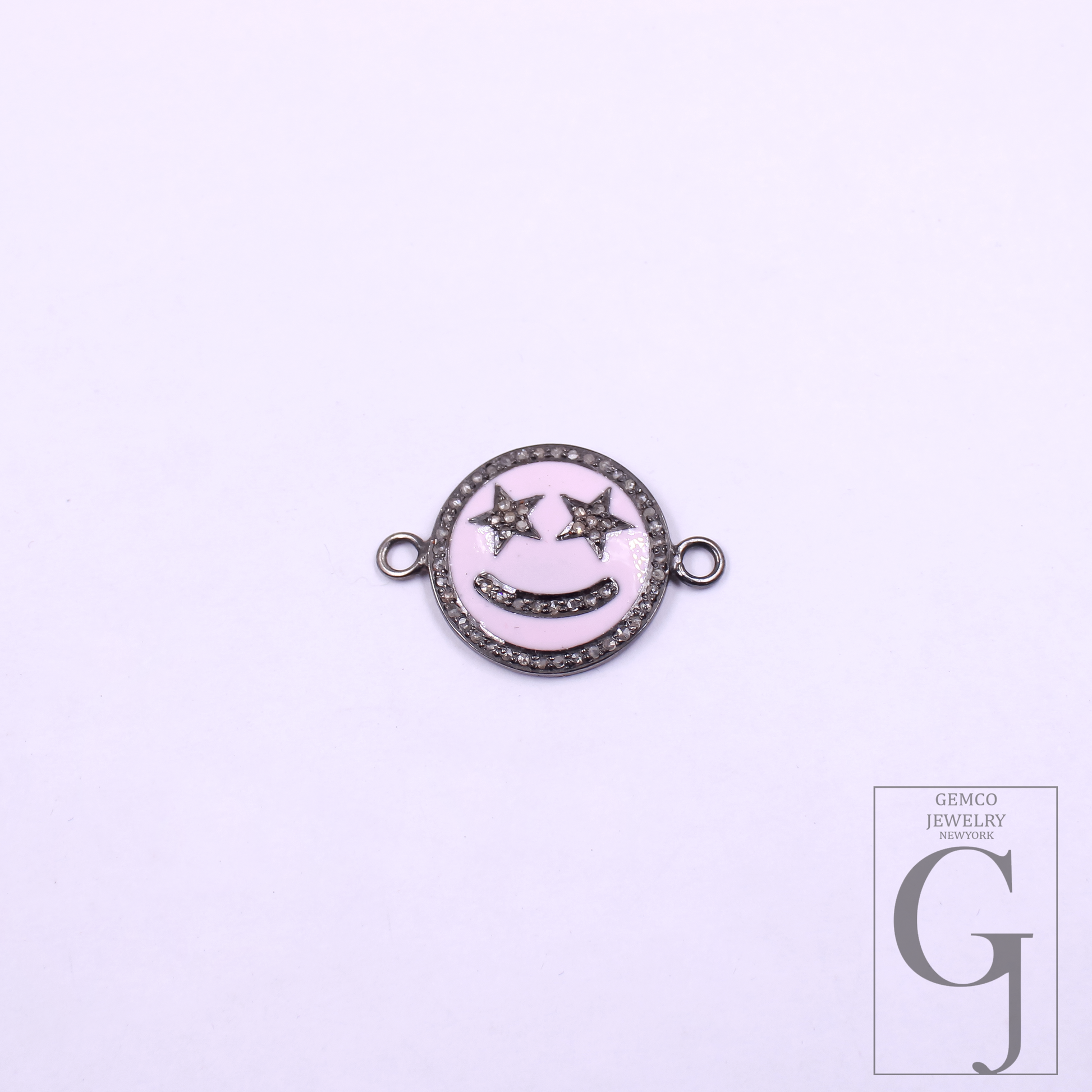 Beautiful Enamel Smiley Connector With Rosecut Pave Diamonds - 925 Sterling Silver Handmade Enamel Jewelry