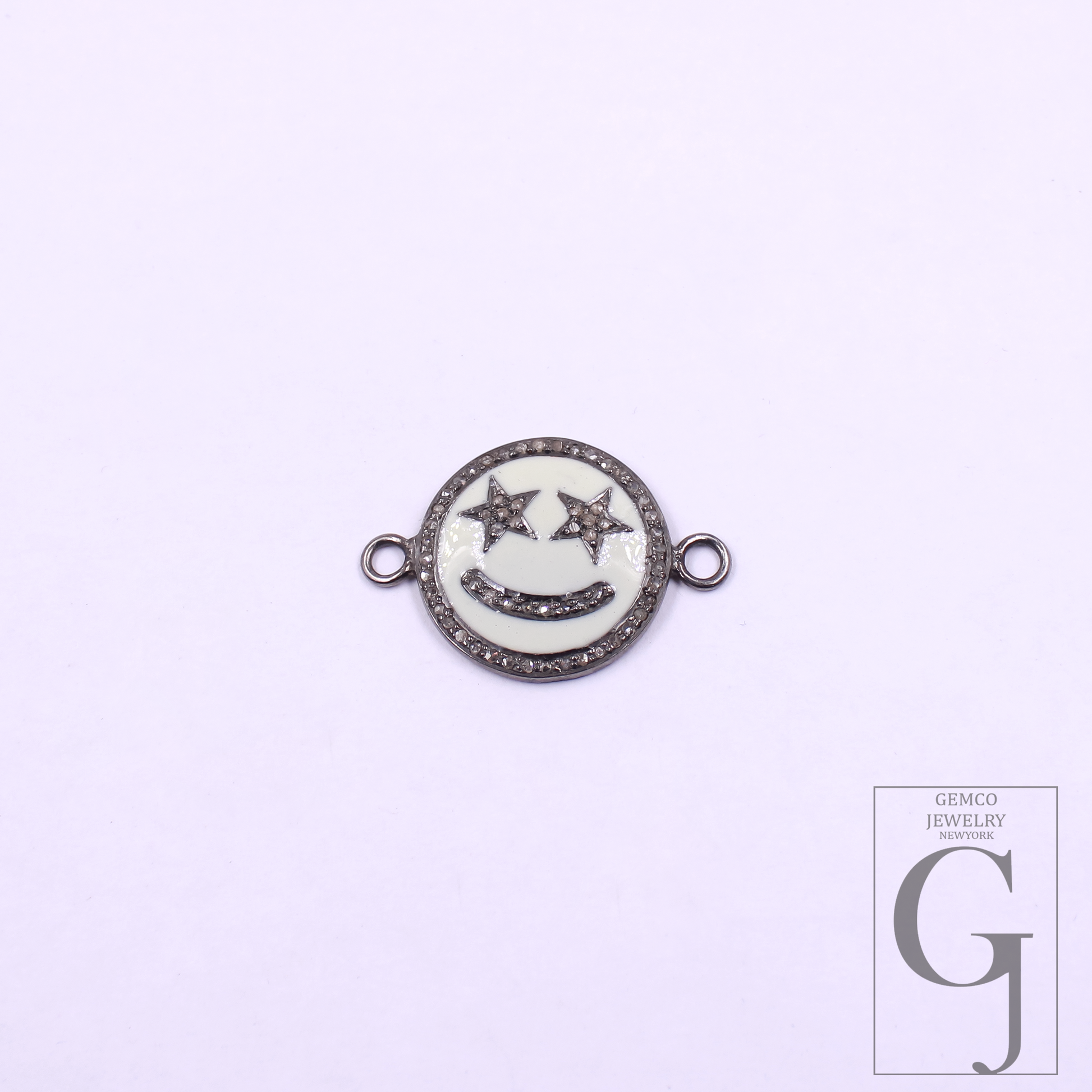 Beautiful Enamel Smiley Connector With Rosecut Pave Diamonds - 925 Sterling Silver Handmade Enamel Jewelry
