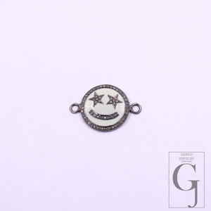 Beautiful Enamel Smiley Connector With Rosecut Pave Diamonds - 925 Sterling Silver Handmade Enamel Jewelry