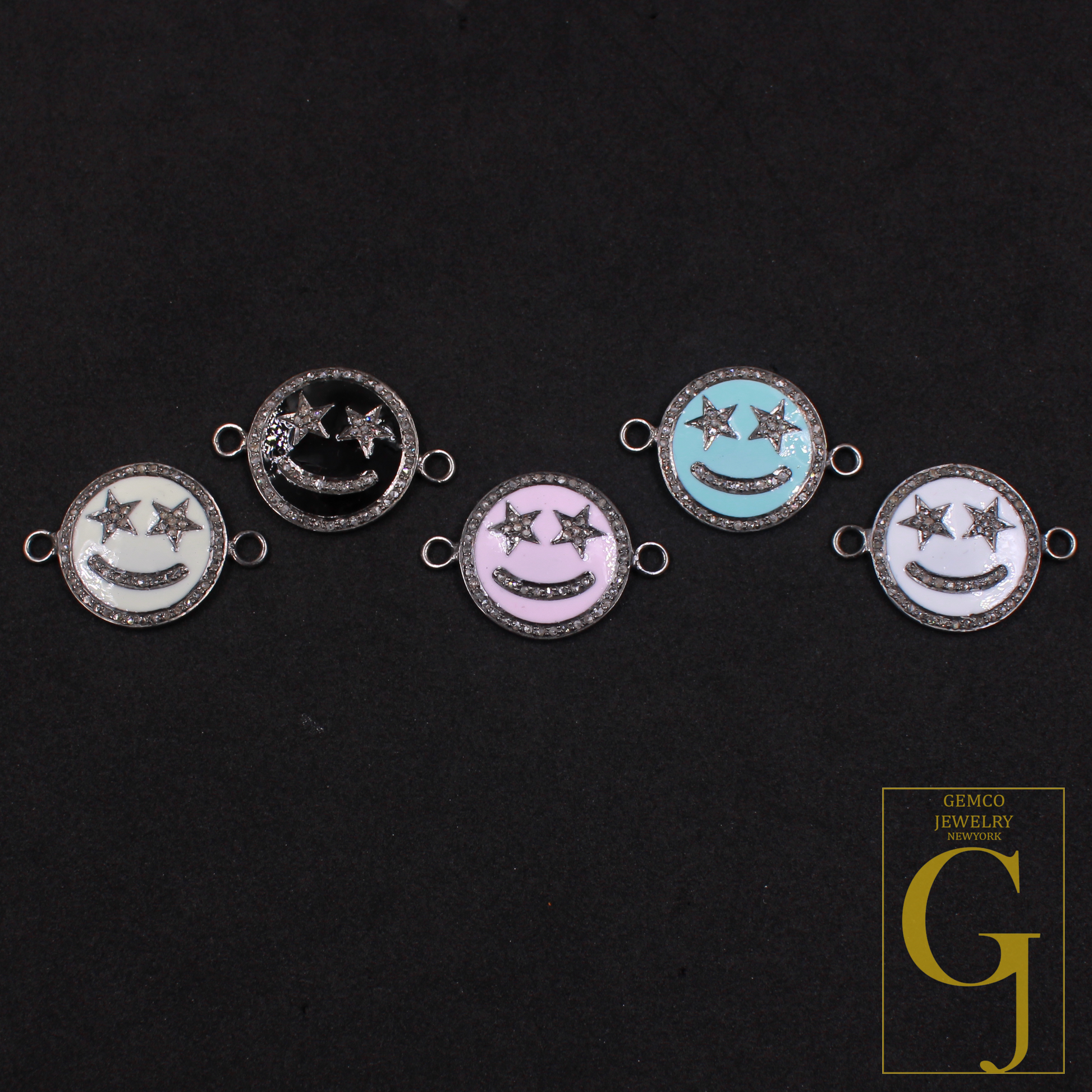 Beautiful Enamel Smiley Connector With Rosecut Pave Diamonds - 925 Sterling Silver Handmade Enamel Jewelry