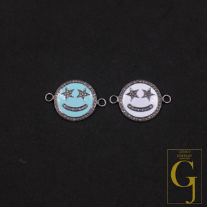 Beautiful Enamel Smiley Connector With Rosecut Pave Diamonds - 925 Sterling Silver Handmade Enamel Jewelry