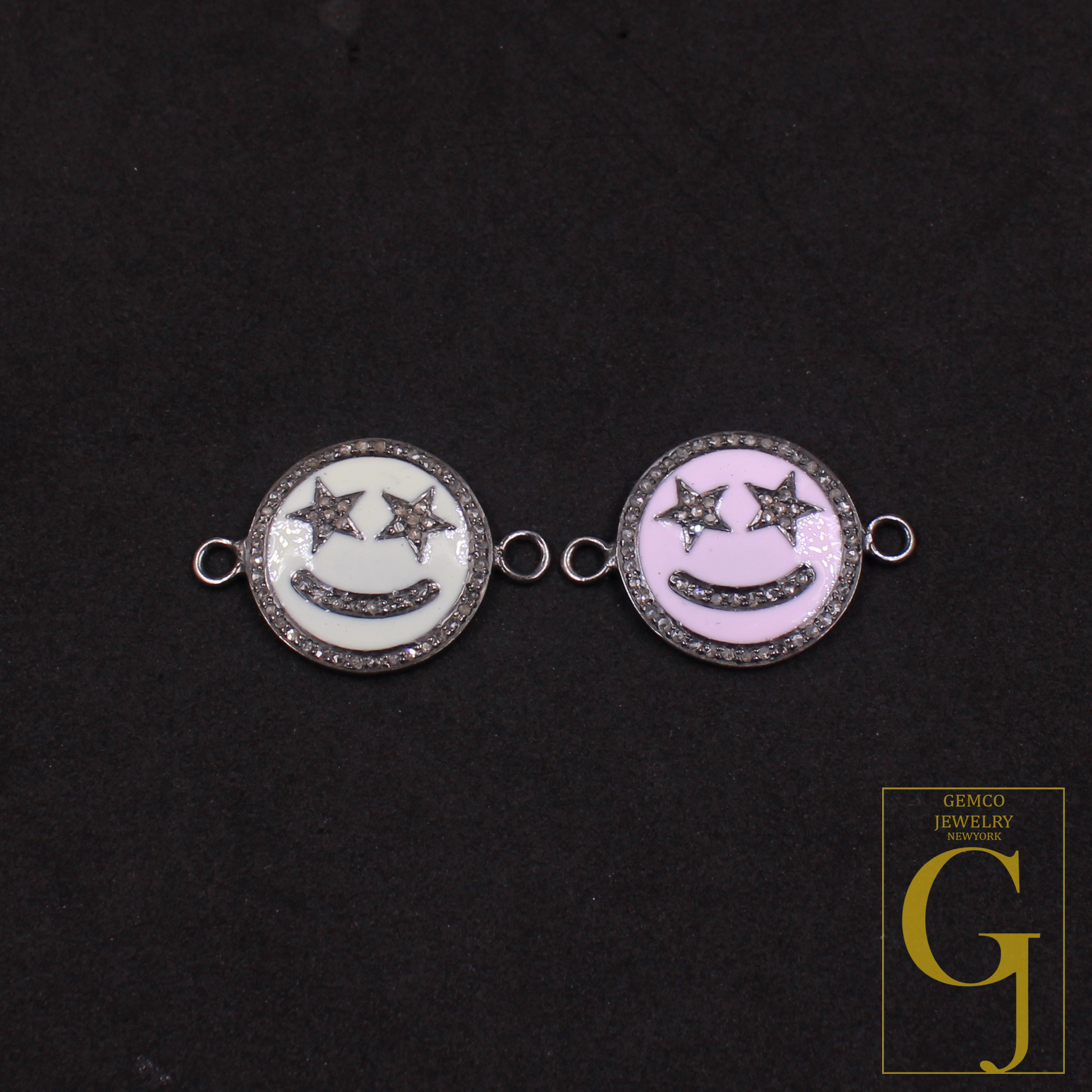 Beautiful Enamel Smiley Connector With Rosecut Pave Diamonds - 925 Sterling Silver Handmade Enamel Jewelry