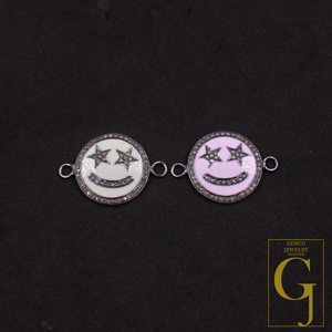 Beautiful Enamel Smiley Connector With Rosecut Pave Diamonds - 925 Sterling Silver Handmade Enamel Jewelry