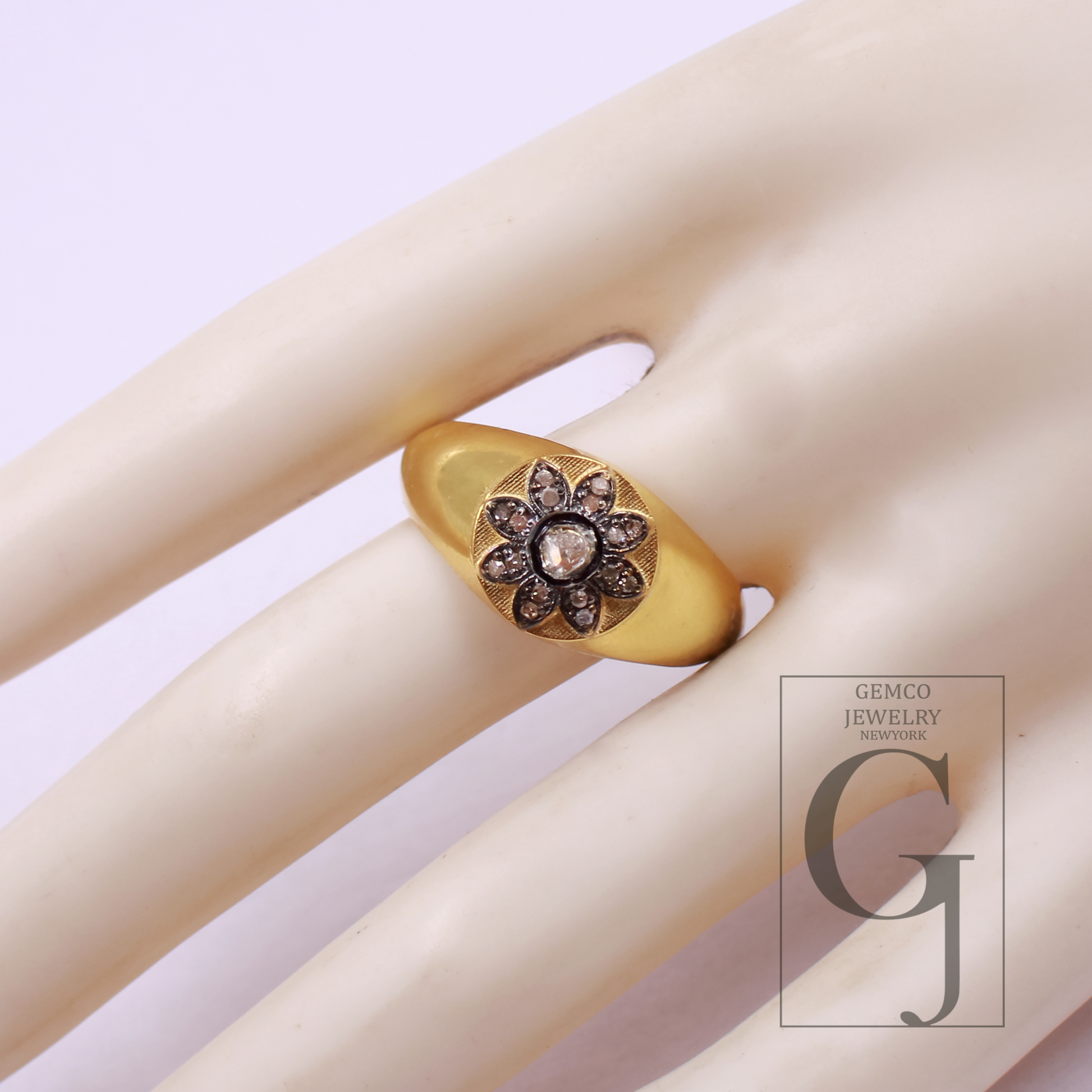 Designer Natural Polki Diamond With Rosecut Diamond Ring - Vermeil Gold 925 Sterling Silver Handmade Finish Diamond Jewelry