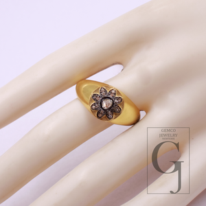 Designer Natural Polki Diamond With Rosecut Diamond Ring - Vermeil Gold 925 Sterling Silver Handmade Finish Diamond Jewelry