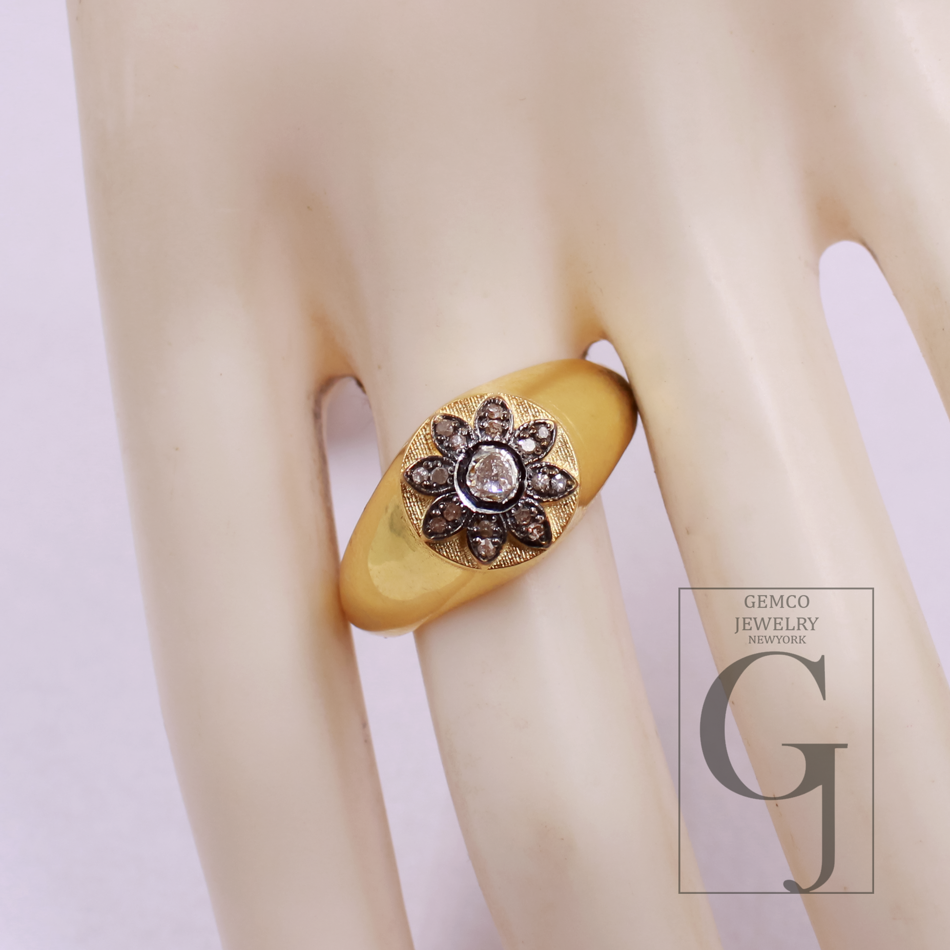 Designer Natural Polki Diamond With Rosecut Diamond Ring - Vermeil Gold 925 Sterling Silver Handmade Finish Diamond Jewelry