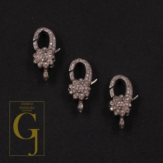 Designer Pave Diamonds Flower Lobster Clasps - 925 Sterling Silver Handmade Finish Clasps For Jewelry Making