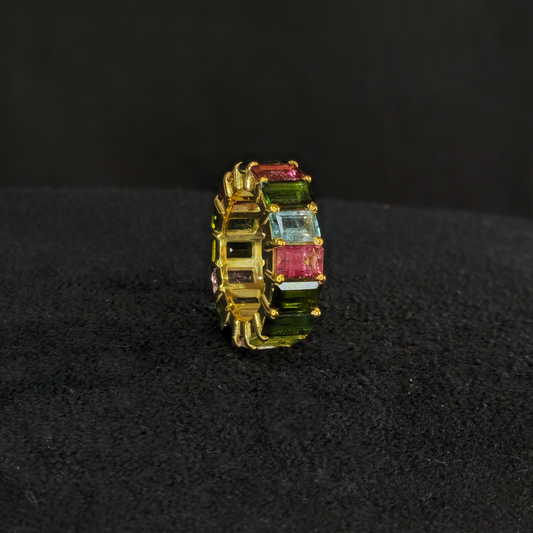 Designer Natural Multi Tourmaline Ring - Vermeil Gold 925 Sterling Silver Handmade Finish Ring Jewelry Gift For Her