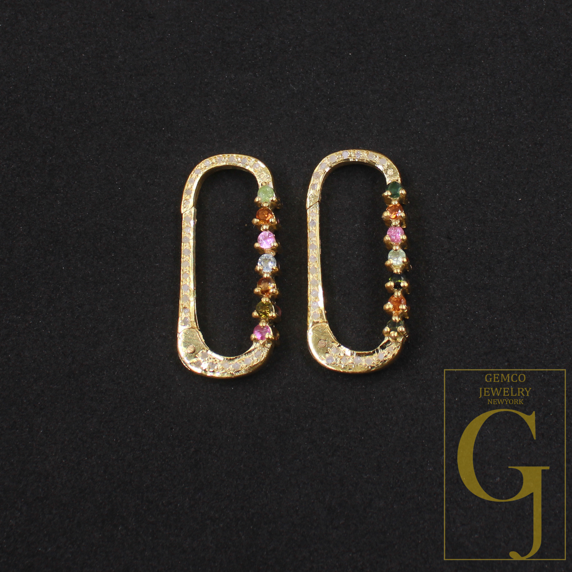 Natural Pave Diamond Paper Clip Clasp With Multi Tourmaline - Handmade Finish Sterling Silver Spring Lock