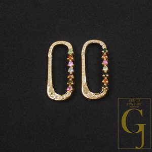 Natural Pave Diamond Paper Clip Clasp With Multi Tourmaline - Handmade Finish Sterling Silver Spring Lock