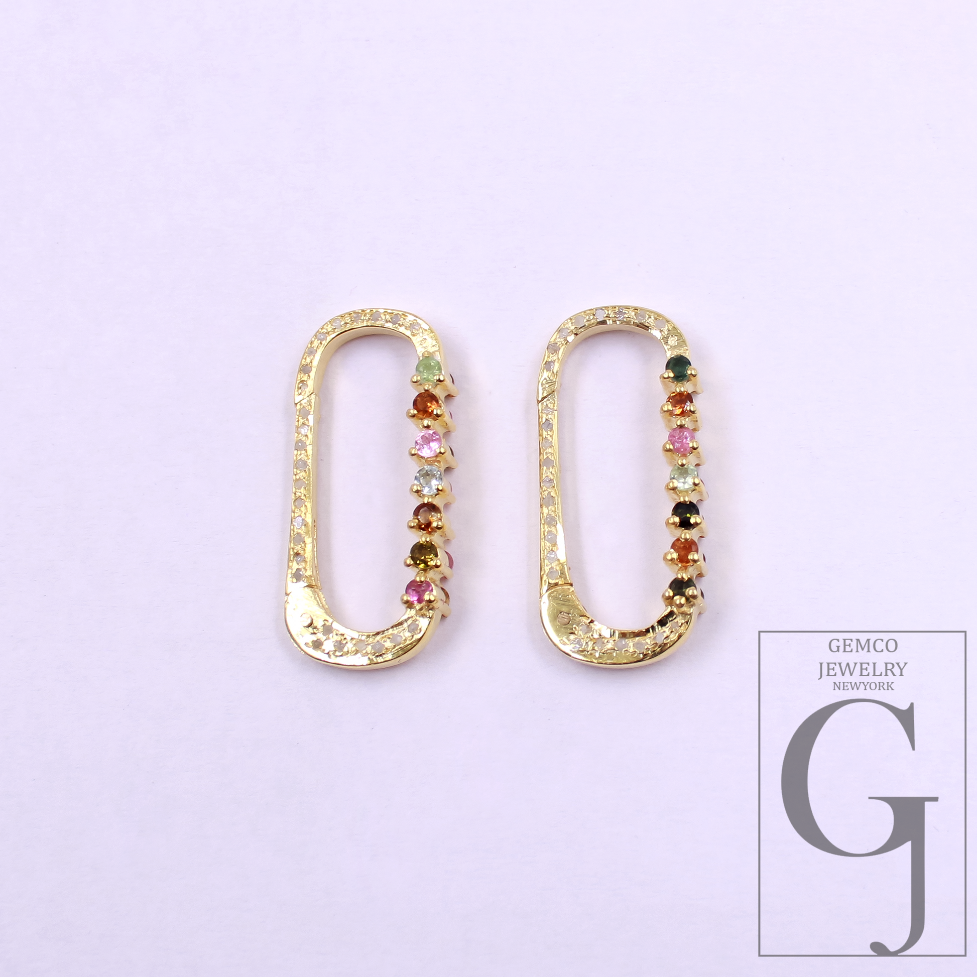 Natural Pave Diamond Paper Clip Clasp With Multi Tourmaline - Handmade Finish Sterling Silver Spring Lock