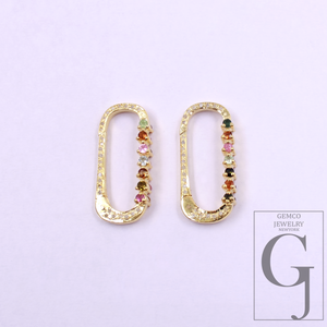 Natural Pave Diamond Paper Clip Clasp With Multi Tourmaline - Handmade Finish Sterling Silver Spring Lock
