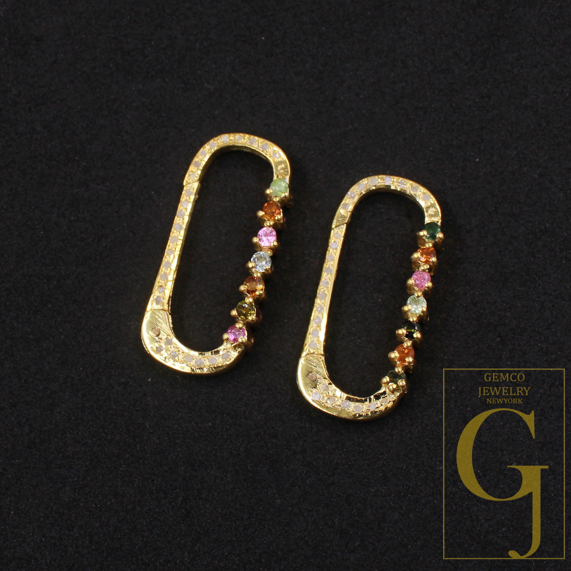 Natural Pave Diamond Paper Clip Clasp With Multi Tourmaline - Handmade Finish Sterling Silver Spring Lock