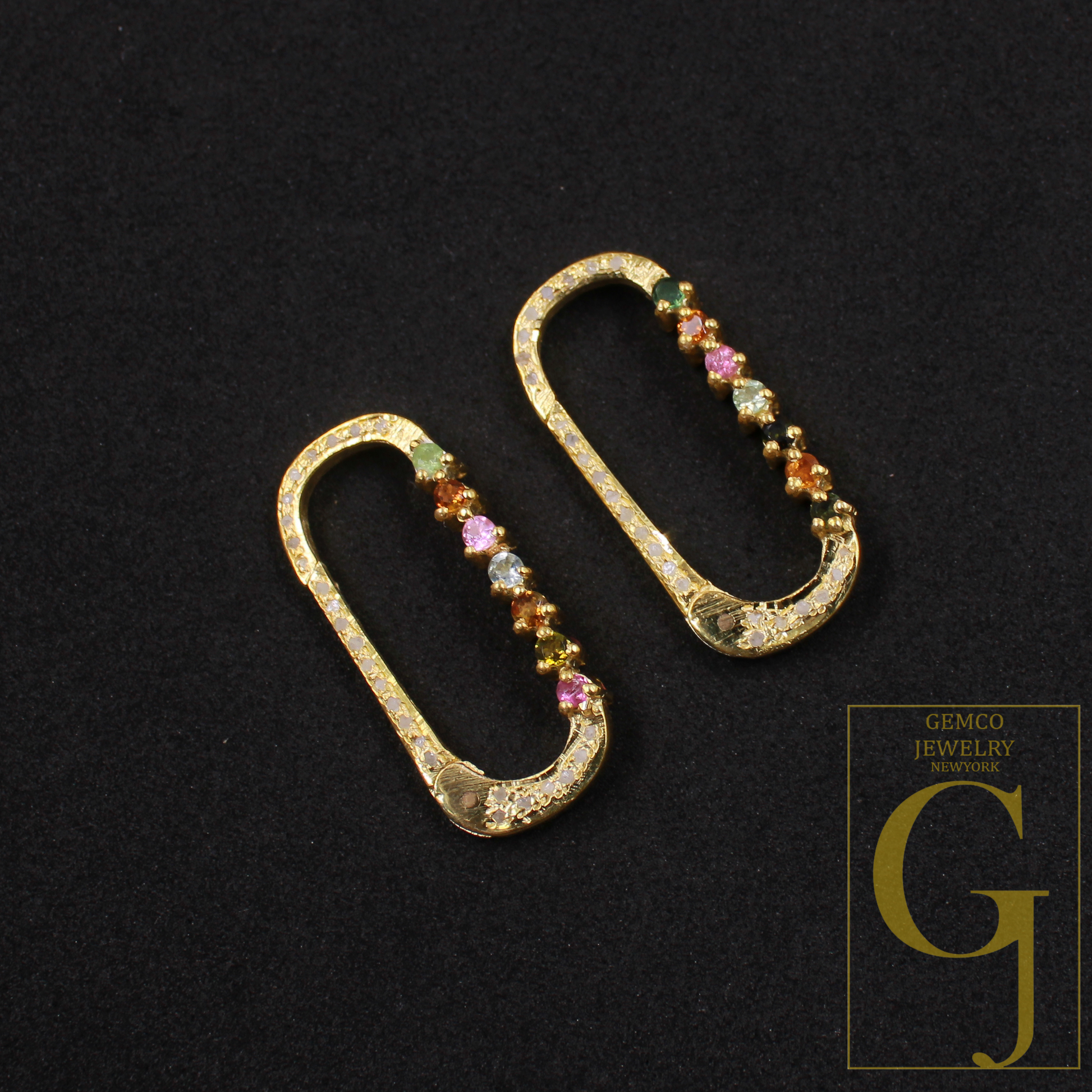 Natural Pave Diamond Paper Clip Clasp With Multi Tourmaline - Handmade Finish Sterling Silver Spring Lock