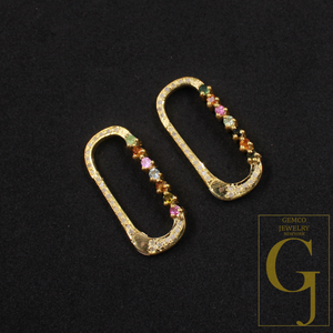 Natural Pave Diamond Paper Clip Clasp With Multi Tourmaline - Handmade Finish Sterling Silver Spring Lock
