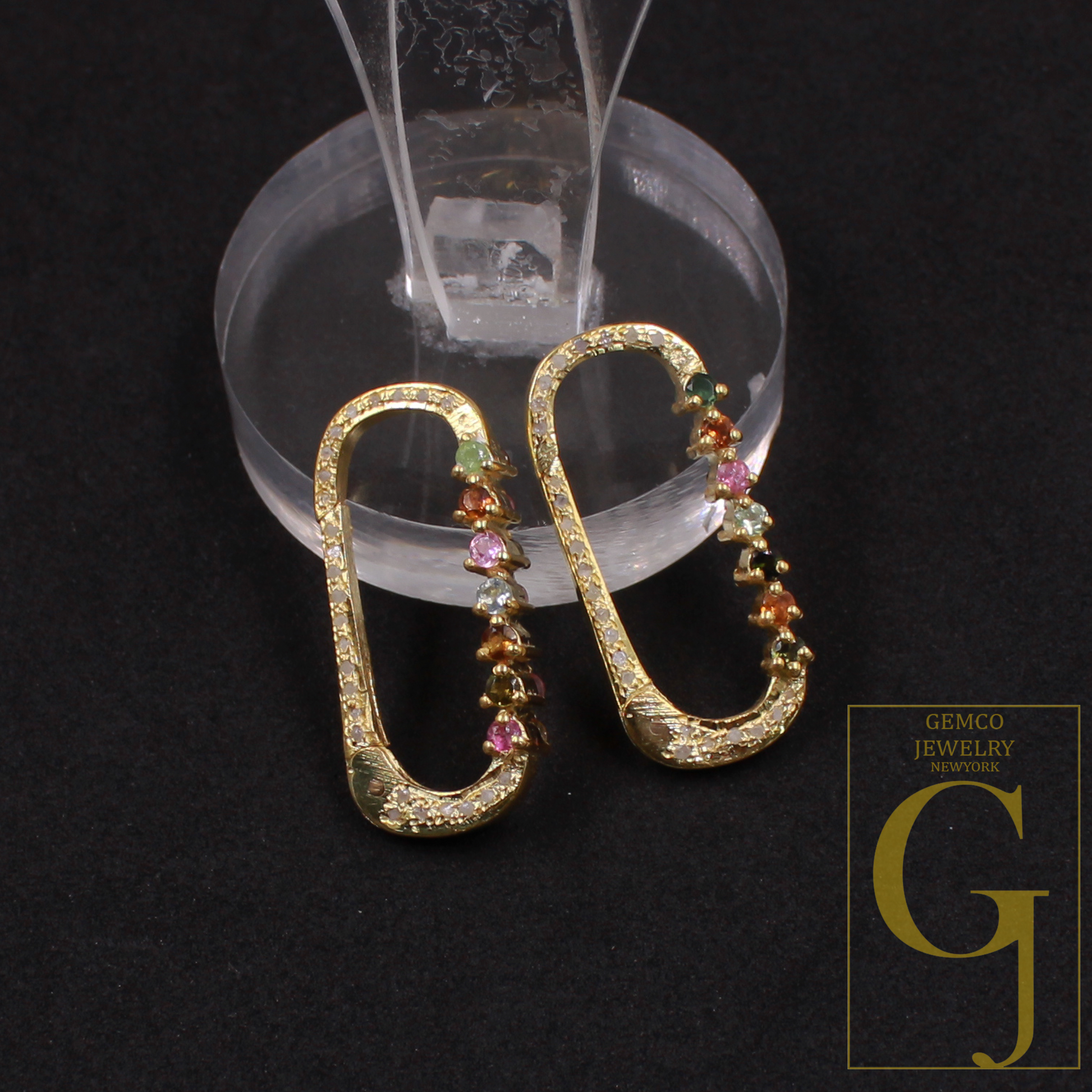 Natural Pave Diamond Paper Clip Clasp With Multi Tourmaline - Handmade Finish Sterling Silver Spring Lock
