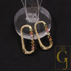 Natural Pave Diamond Paper Clip Clasp With Multi Tourmaline - Handmade Finish Sterling Silver Spring Lock