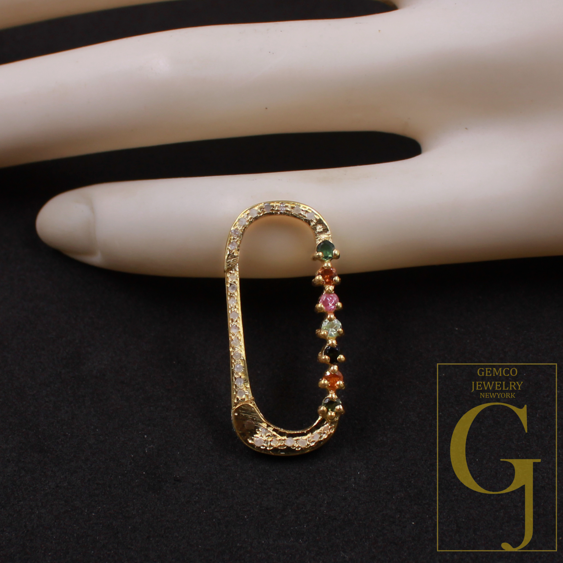 Natural Pave Diamond Paper Clip Clasp With Multi Tourmaline - Handmade Finish Sterling Silver Spring Lock