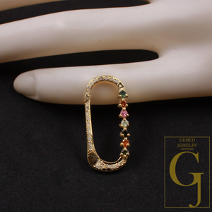 Natural Pave Diamond Paper Clip Clasp With Multi Tourmaline - Handmade Finish Sterling Silver Spring Lock