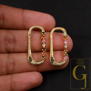 Natural Pave Diamond Paper Clip Clasp With Multi Tourmaline - Handmade Finish Sterling Silver Spring Lock