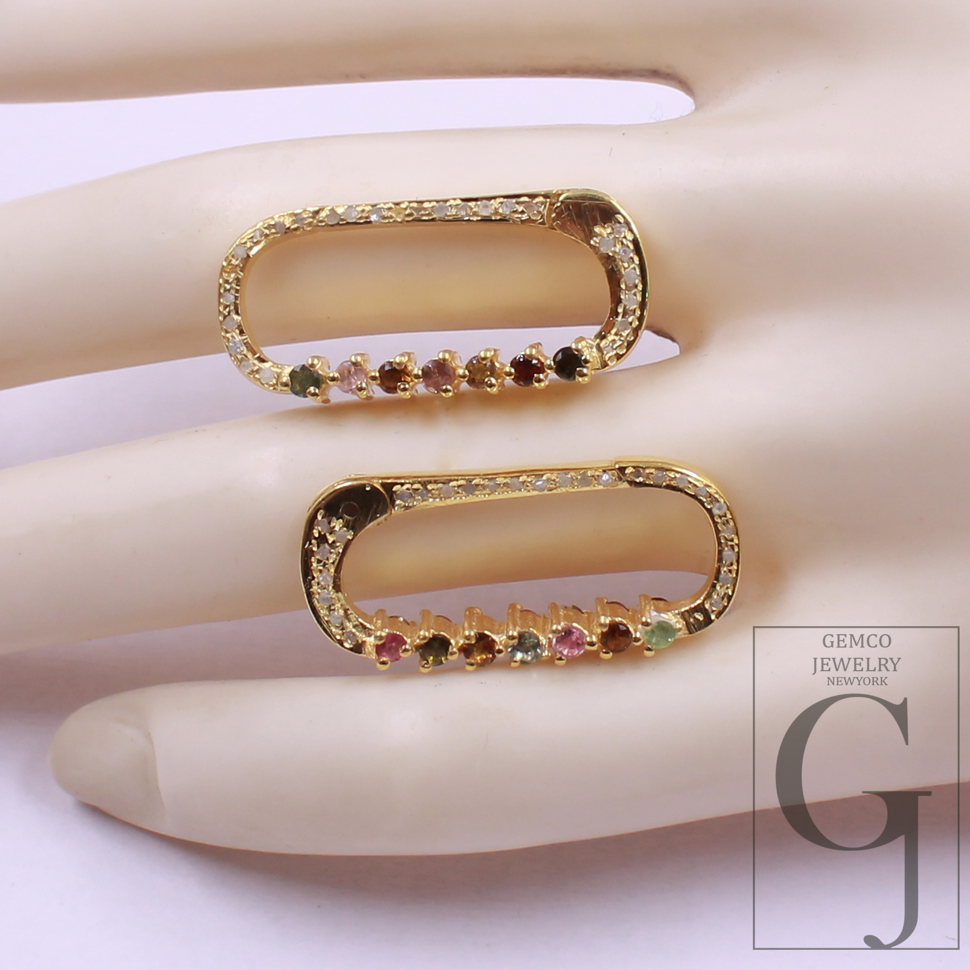 Natural Pave Diamond Paper Clip Clasp With Multi Tourmaline - Handmade Finish Sterling Silver Spring Lock