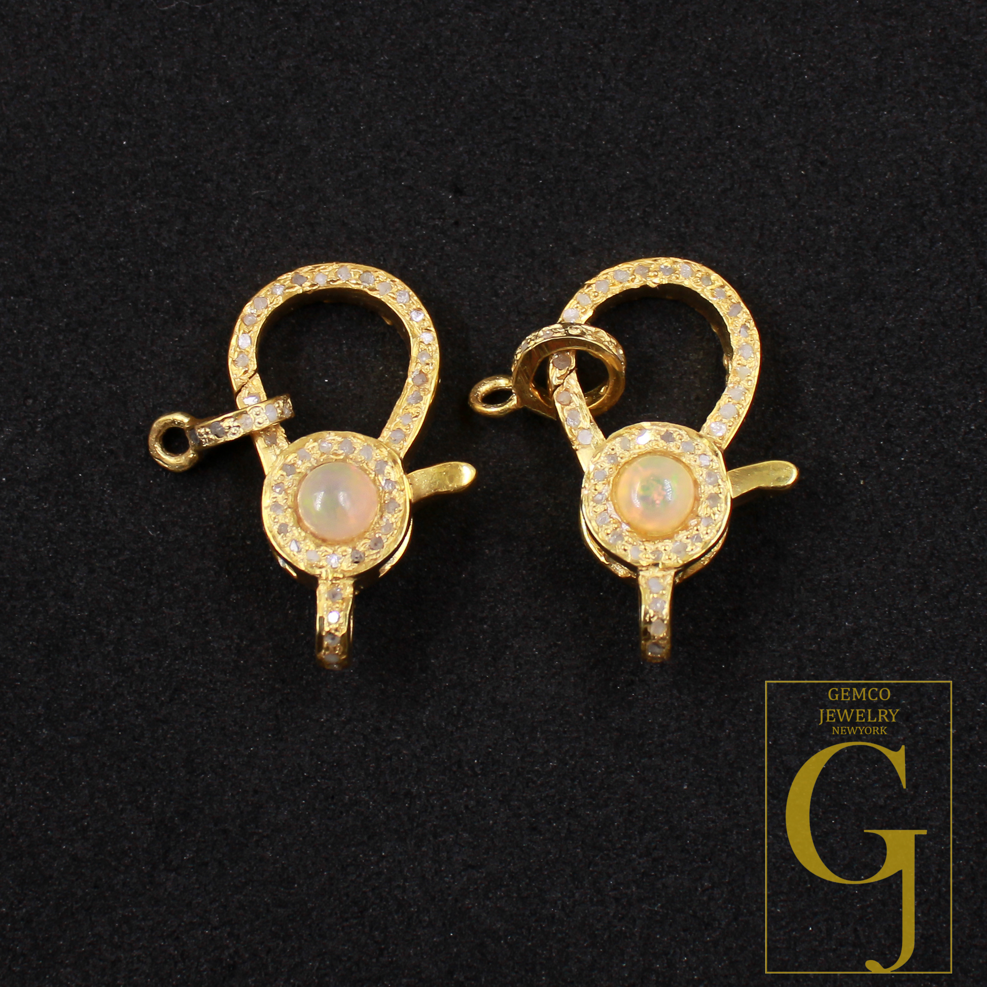 Natural Ethiopian Opal Lobster Clasp With Rosecut Pave Diamond In Vermiel Gold Sterling Silver Handmade Finish Diamond Lobster Clasp Jewelry Supplies