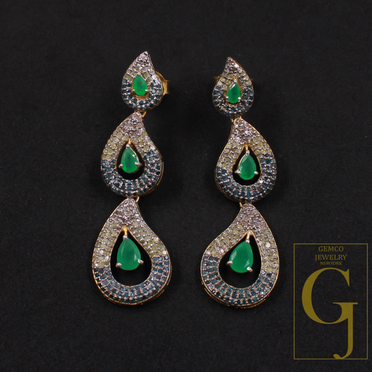 Natural Rosecut Diamonds Earrings With Blue Sapphire And Emerald - Vermeil Gold 925 Sterling Silver Diamonds Earrings
