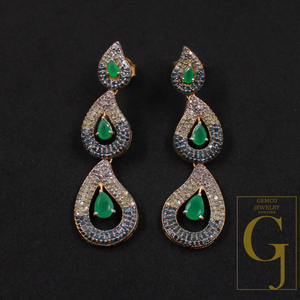 Natural Rosecut Diamonds Earrings With Blue Sapphire And Emerald - Vermeil Gold 925 Sterling Silver Diamonds Earrings