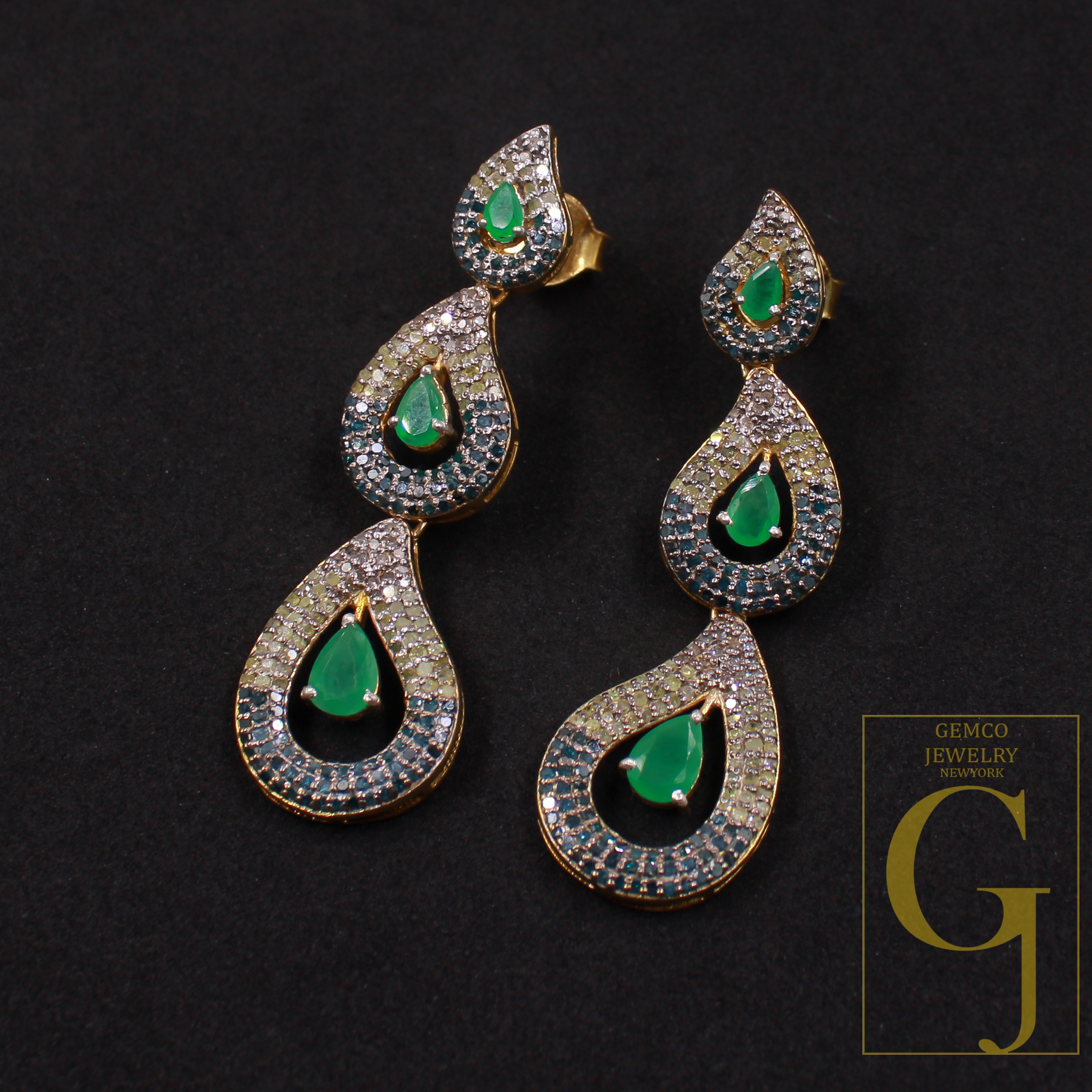 Natural Rosecut Diamonds Earrings With Blue Sapphire And Emerald - Vermeil Gold 925 Sterling Silver Diamonds Earrings