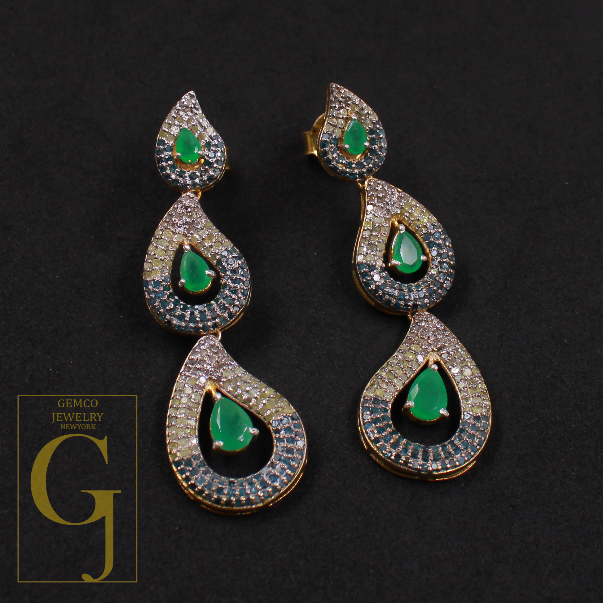 Natural Rosecut Diamonds Earrings With Blue Sapphire And Emerald - Vermeil Gold 925 Sterling Silver Diamonds Earrings