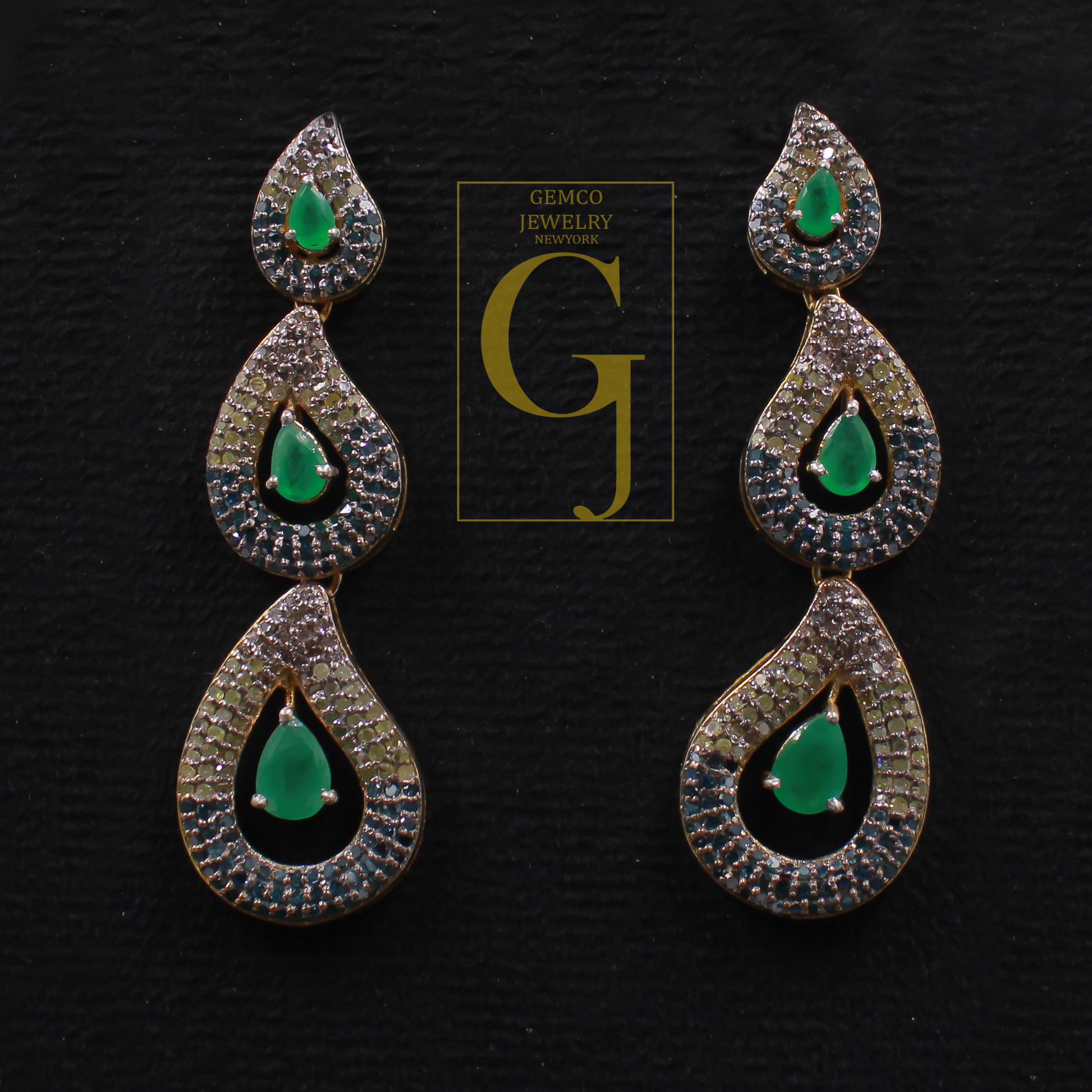 Natural Rosecut Diamonds Earrings With Blue Sapphire And Emerald - Vermeil Gold 925 Sterling Silver Diamonds Earrings