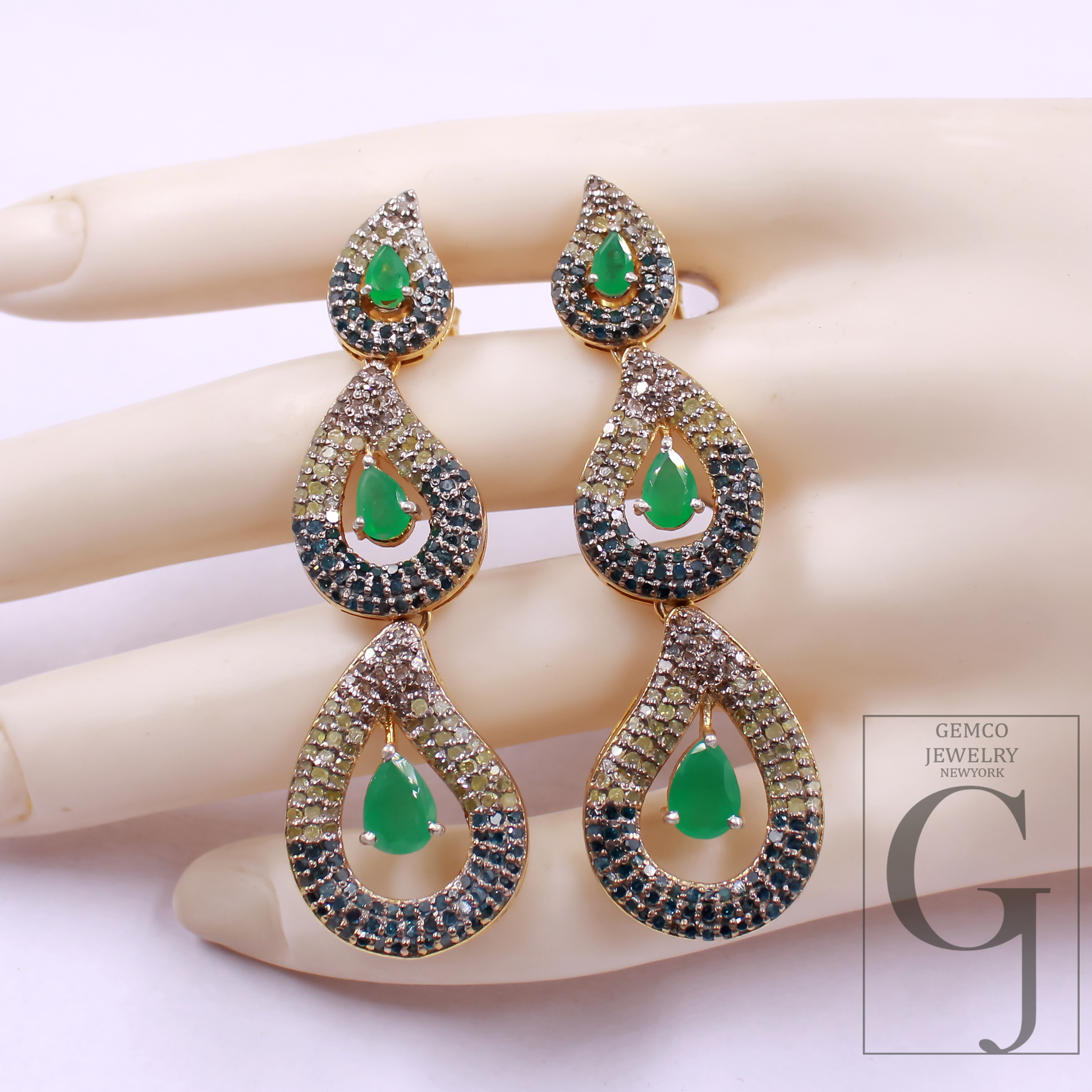 Natural Rosecut Diamonds Earrings With Blue Sapphire And Emerald - Vermeil Gold 925 Sterling Silver Diamonds Earrings