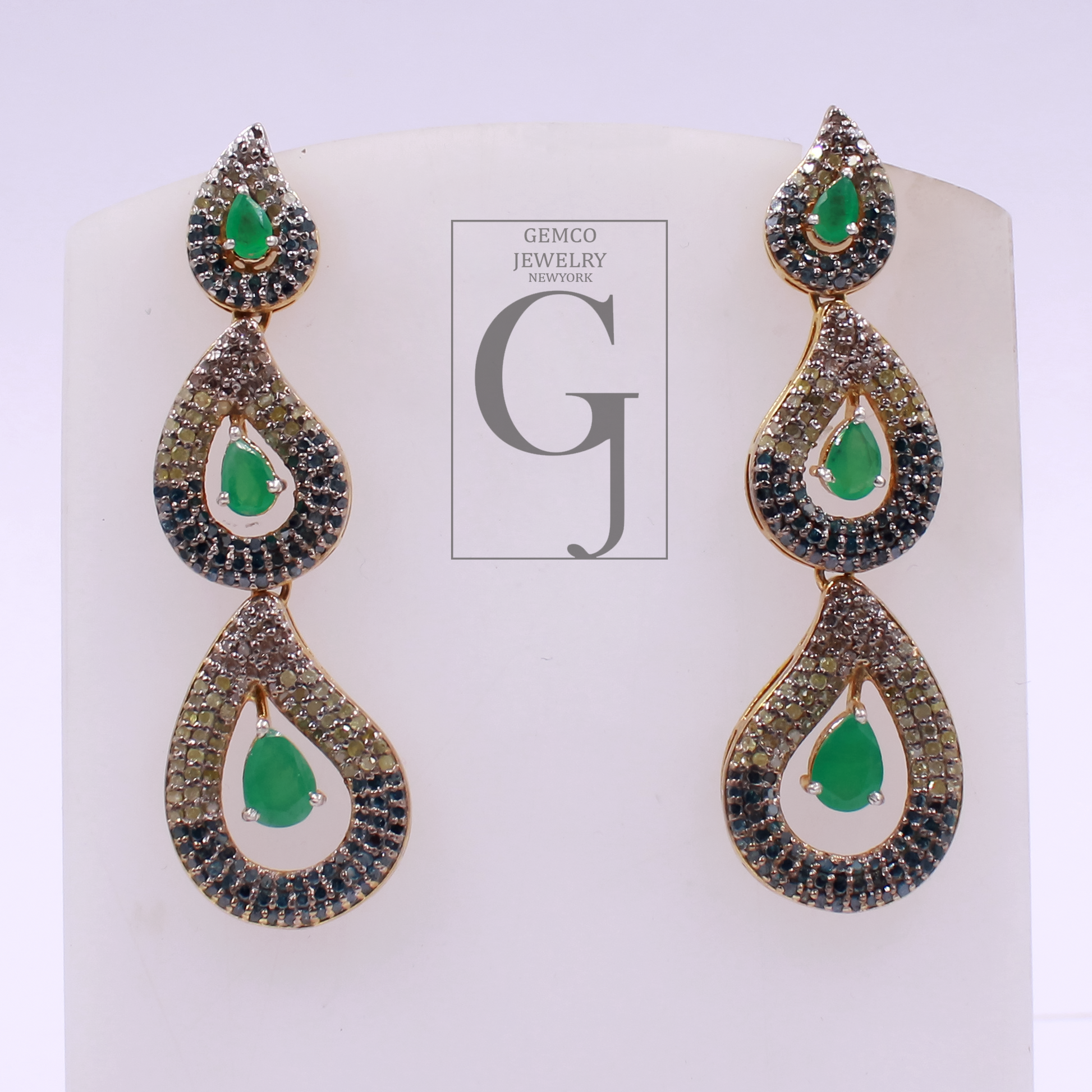 Natural Rosecut Diamonds Earrings With Blue Sapphire And Emerald - Vermeil Gold 925 Sterling Silver Diamonds Earrings