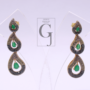 Natural Rosecut Diamonds Earrings With Blue Sapphire And Emerald - Vermeil Gold 925 Sterling Silver Diamonds Earrings