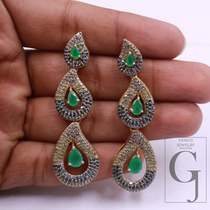 Natural Rosecut Diamonds Earrings With Blue Sapphire And Emerald - Vermeil Gold 925 Sterling Silver Diamonds Earrings