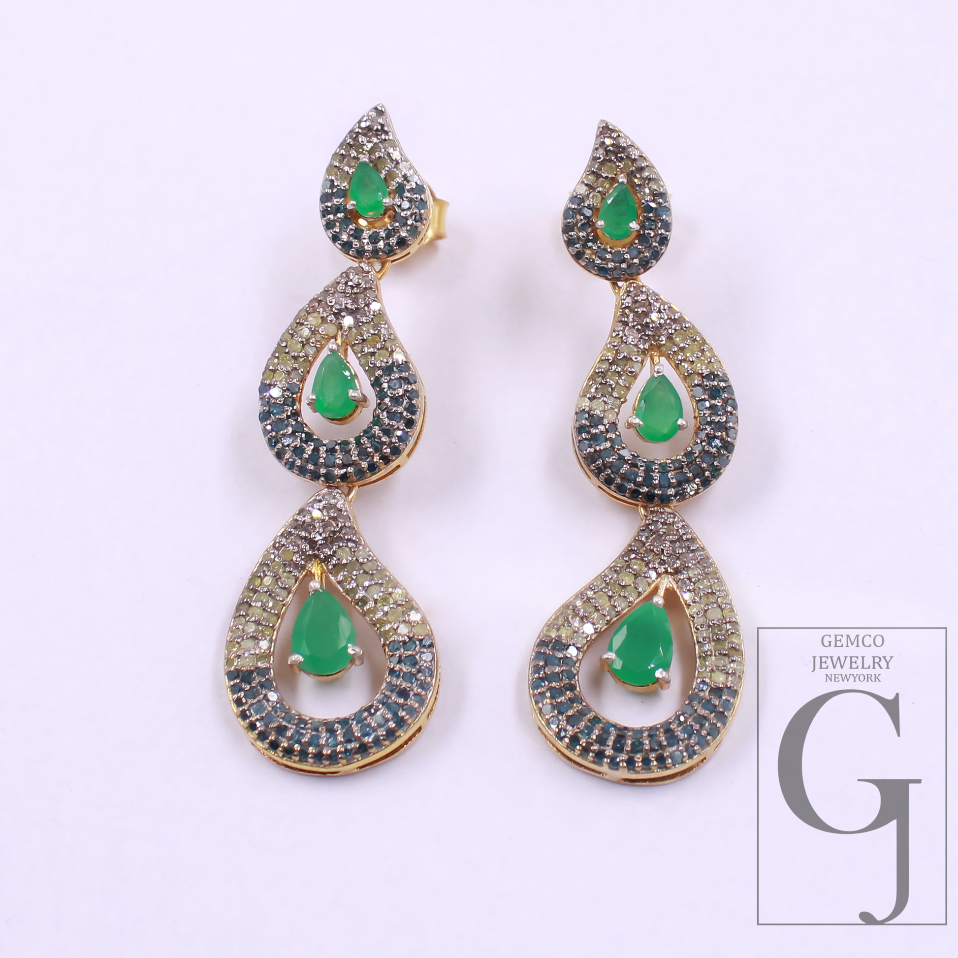 Natural Rosecut Diamonds Earrings With Blue Sapphire And Emerald - Vermeil Gold 925 Sterling Silver Diamonds Earrings