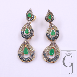 Natural Rosecut Diamonds Earrings With Blue Sapphire And Emerald - Vermeil Gold 925 Sterling Silver Diamonds Earrings