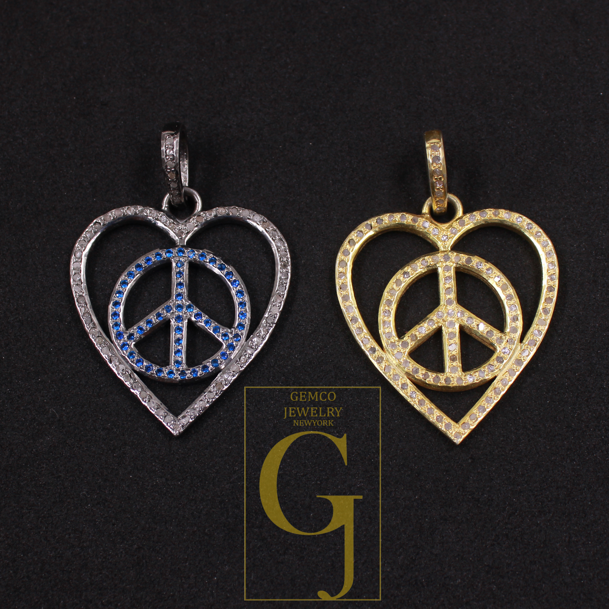 Designer Heart And Peace Pendants With Pave Diamond - 925 Sterling Silver Handmade Pendants