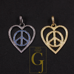 Designer Heart And Peace Pendants With Pave Diamond - 925 Sterling Silver Handmade Pendants