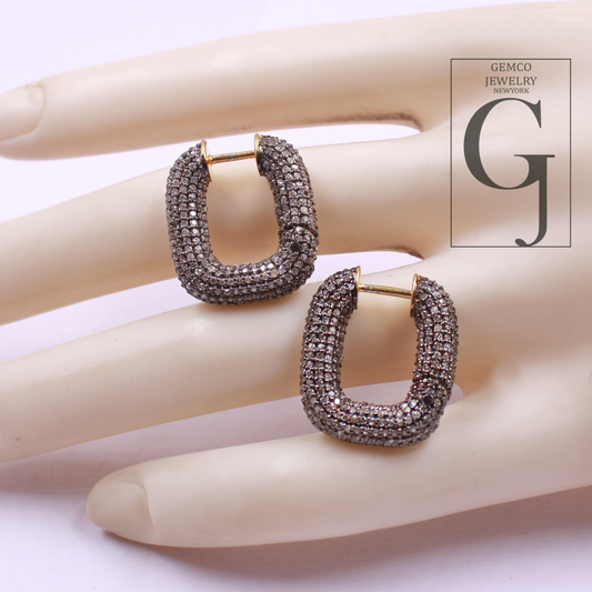 Natural Pave Diamonds Hoop Earrings - Vermeil Gold Sterling Silver Handmade Diamonds Jewelry Earrings For Her