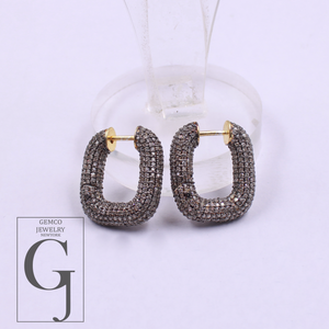 Natural Pave Diamonds Hoop Earrings - Vermeil Gold Sterling Silver Handmade Diamonds Jewelry Earrings For Her