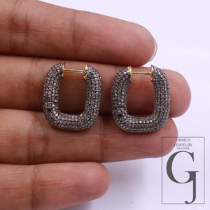 Natural Pave Diamonds Hoop Earrings - Vermeil Gold Sterling Silver Handmade Diamonds Jewelry Earrings For Her